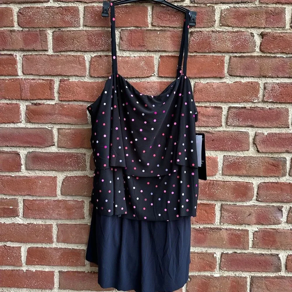 Miraclesuit $188 Roxy Romper Spot On Black Pink Slimming 18W NWT